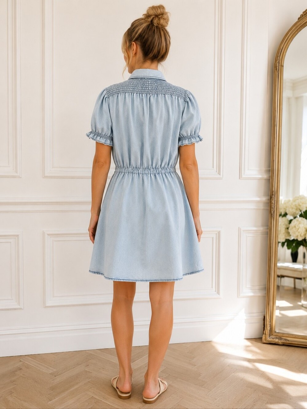 Indulge Instyle Light Wash Denim Button Front Shirt Dress XL | Puff Sleeve Mini - Picture 2 of 8
